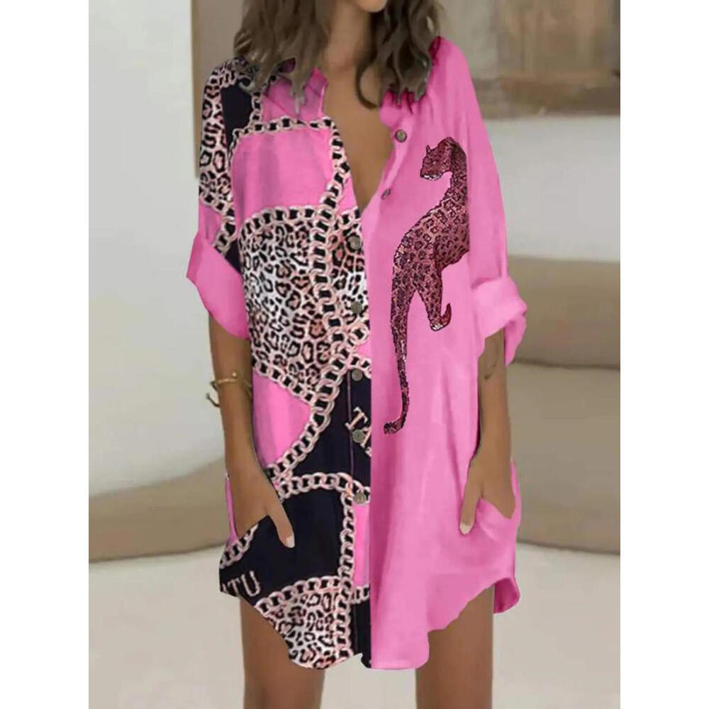 Oversize Leopard Womens Shirt Dress Black, White & Pink Xl-3X